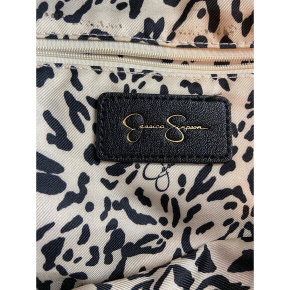 Jessica Simpson Tote Bag Gold Metallic Faux Leather Trim Leopard Lining Retro - Picture 6 of 9